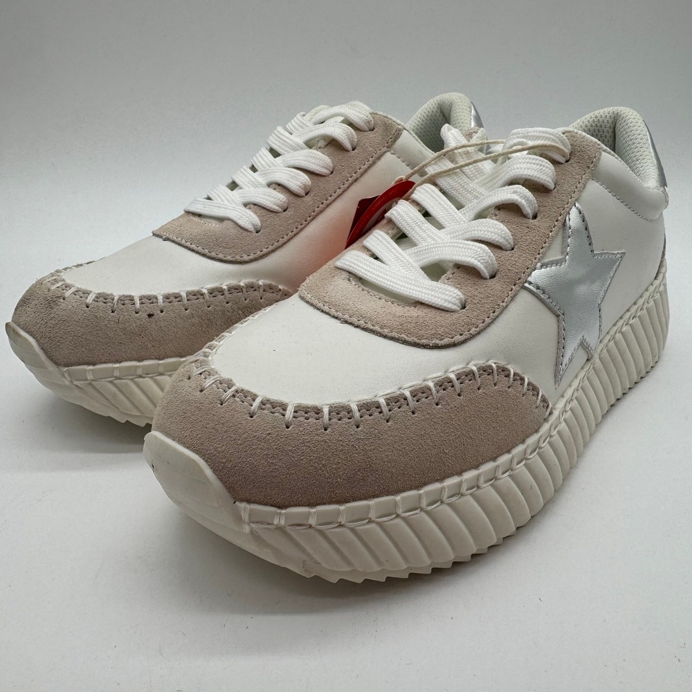 Lucky Step Women Platform Sneakers White Tan Silver Star Vegan Size 9